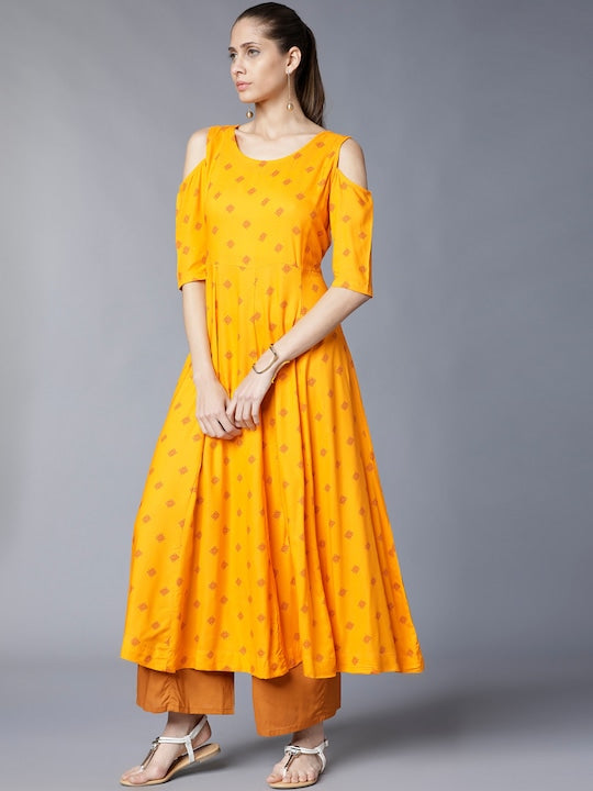 Vishudh Women Yellow Printed A-Line Kurta
