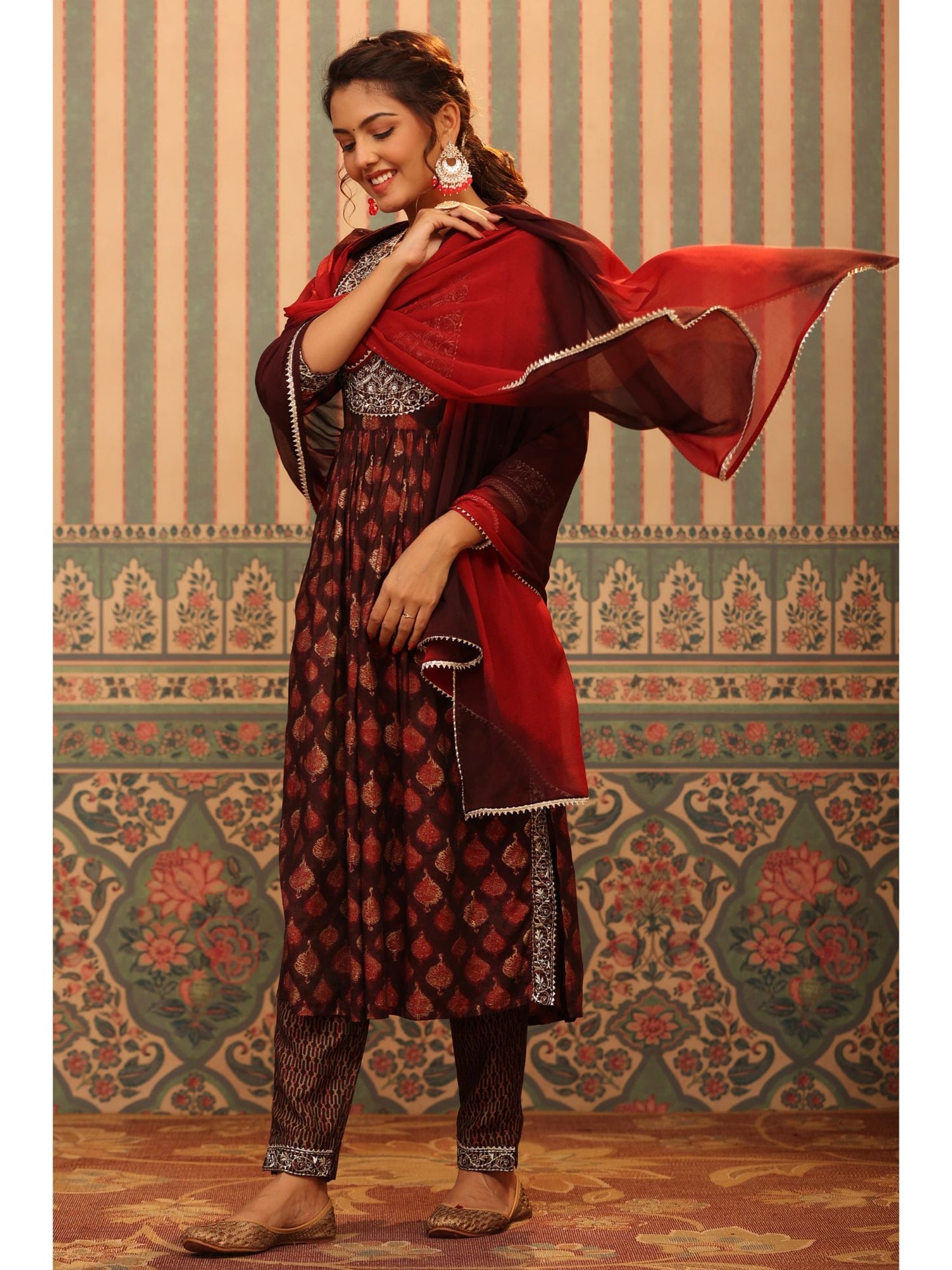 PIROH Womens Butta Foil Print Nayra Cut Modal Kurta Trouser & Naznin Dupatta Wine (Set of 3)