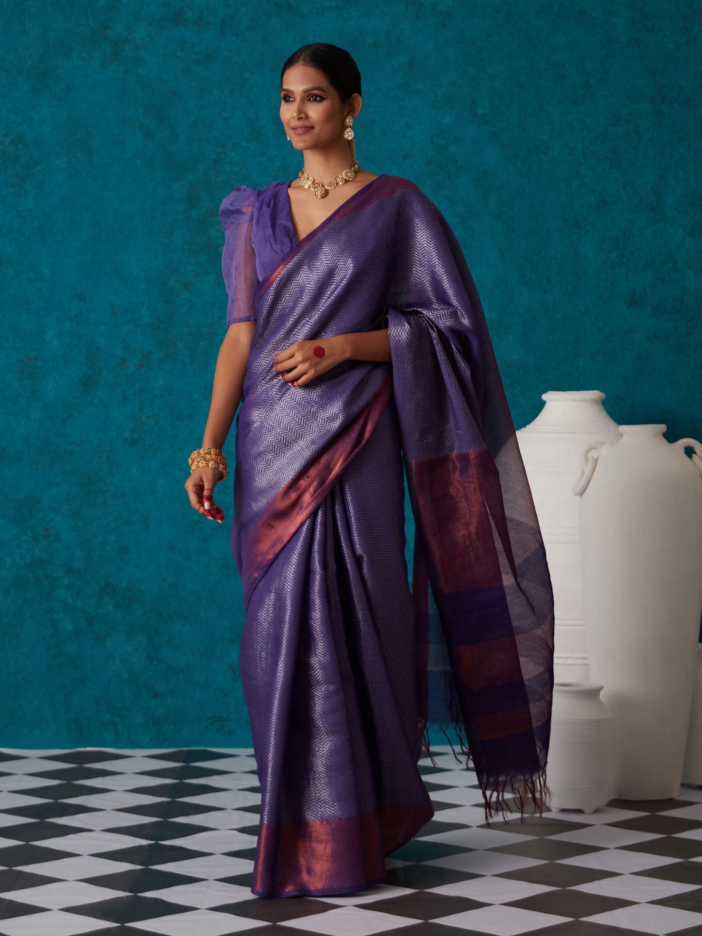 Likha Purple Linen Woven Bhagalpuri Festive Zari Saree & Unstitched Blouse LIKSAR49 (Free Size)