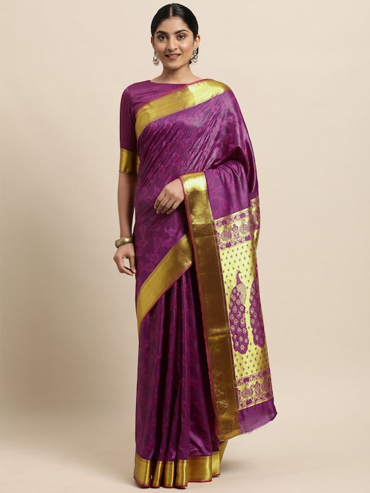 Janasya Purple Ethnic Motifs Woven Design Silk Cotton Heavy Work Saree