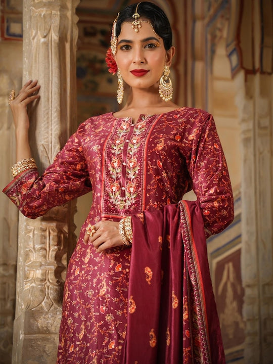 Scakhi Women Rust Floral Printed Sequinned Velvet Kurta with Trousers & With Dupatta