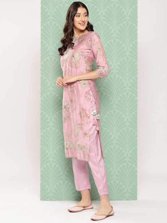 Yufta Women Floral Printed Regular Pure Silk Kurta with Trousers & With Dupatta