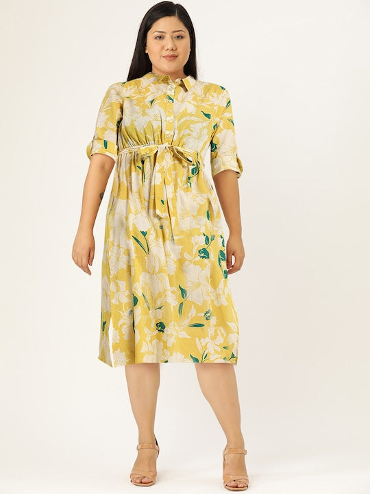 All about you Women Yellow & Off White Floral Printed Belted Shirt Dress