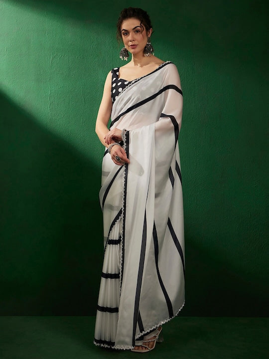 Sangria Striped Woven Design Beads and Stones Saree