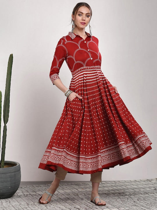 Sangria Women Rust Printed Anarkali Kurta
