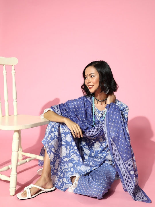Yufta Women Blue Floral Printed Pure Cotton Kurta with Trousers & With Dupatta