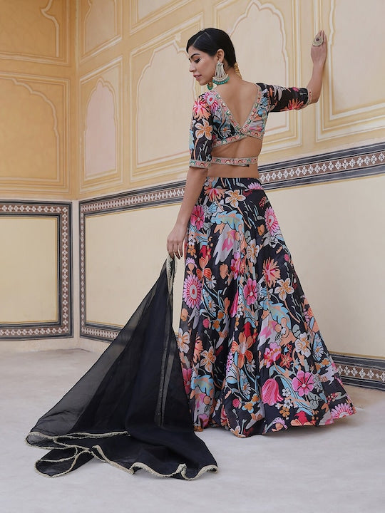 AKS Couture Floral Printed Ready to Wear Lehenga & Blouse With Dupatta