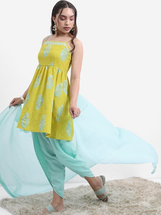 Vishudh Lime Green Floral Printed Empire A-line Kurta With Dhoti Pants & Dupatta
