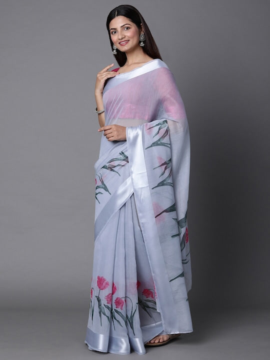 Mitera Grey & Pink Floral Printed Banarasi Saree