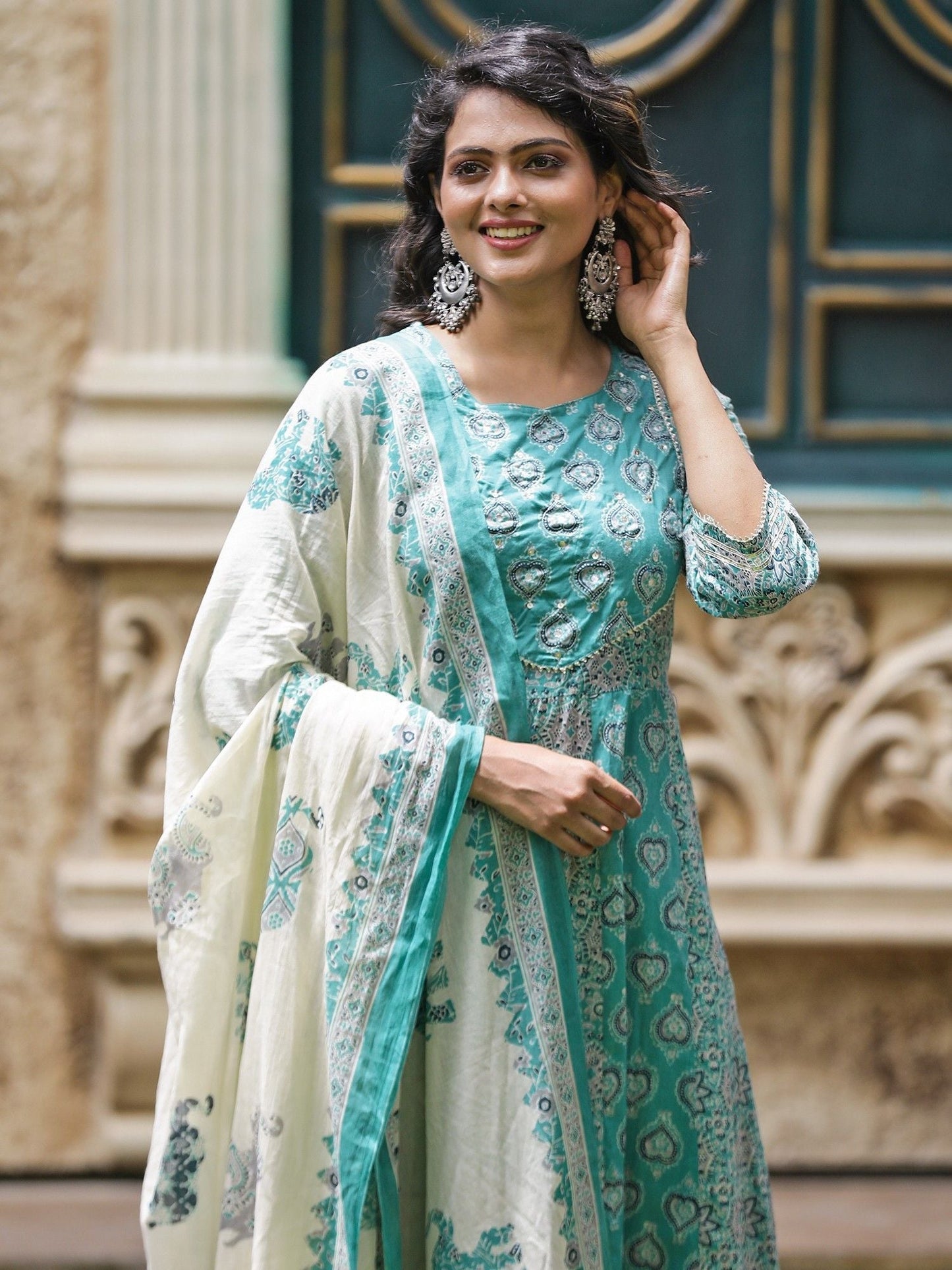 Likha Blue Jaipuri Printed Anarkali Set & Dupatta LIKSKD170 (Set of 3)