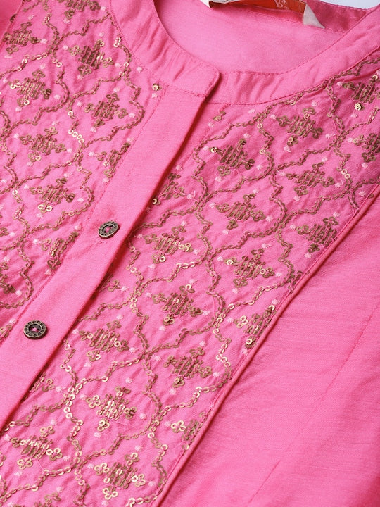 Juniper Women Pink & Golden Foil Printed Layered Anarkali Kurta