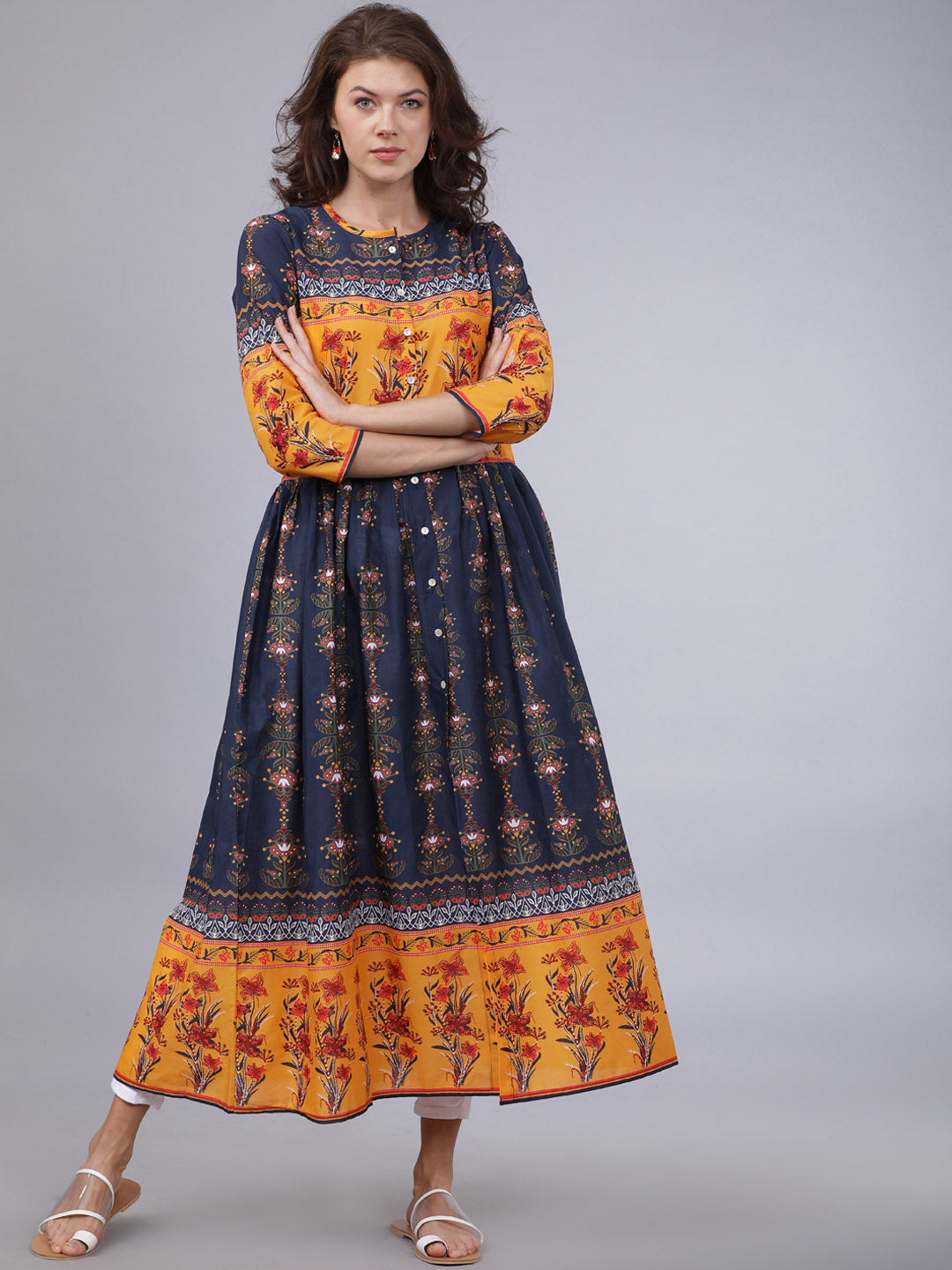 Vishudh Women Navy Blue & Mustard Yellow Floral Printed A-Line Kurta