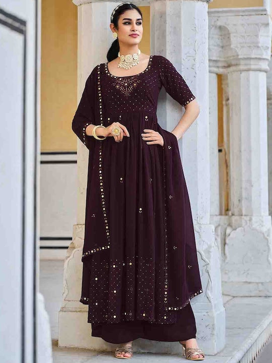 Mitera Purple Ethnic Motifs Embroidered Mirror Work Anarkali Kurta & Palazzos With Dupatta - XL