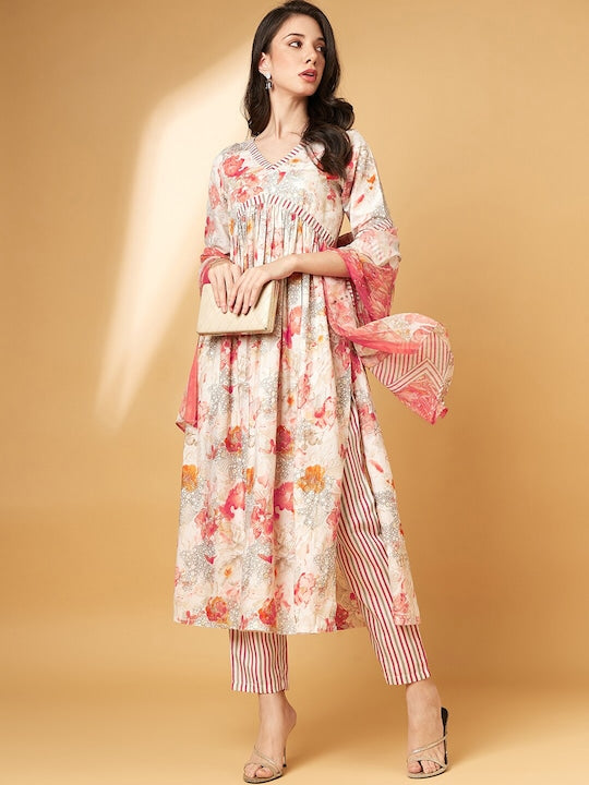 All about you Floral Embroidered V-Neck Straight Kurta With Trousers & Dupatta
