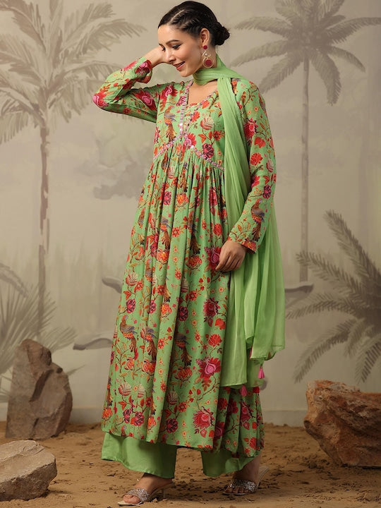 Scakhi Floral Printed V-Neck Mirror Work Kurta with Trousers & Dupatta
