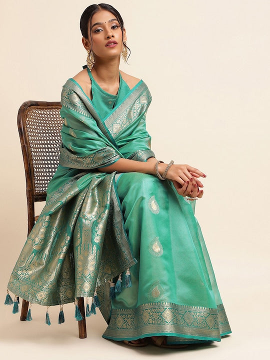 Satrani Green & Gold-Toned Paisley Woven Design Zari Tissue Banarasi Saree