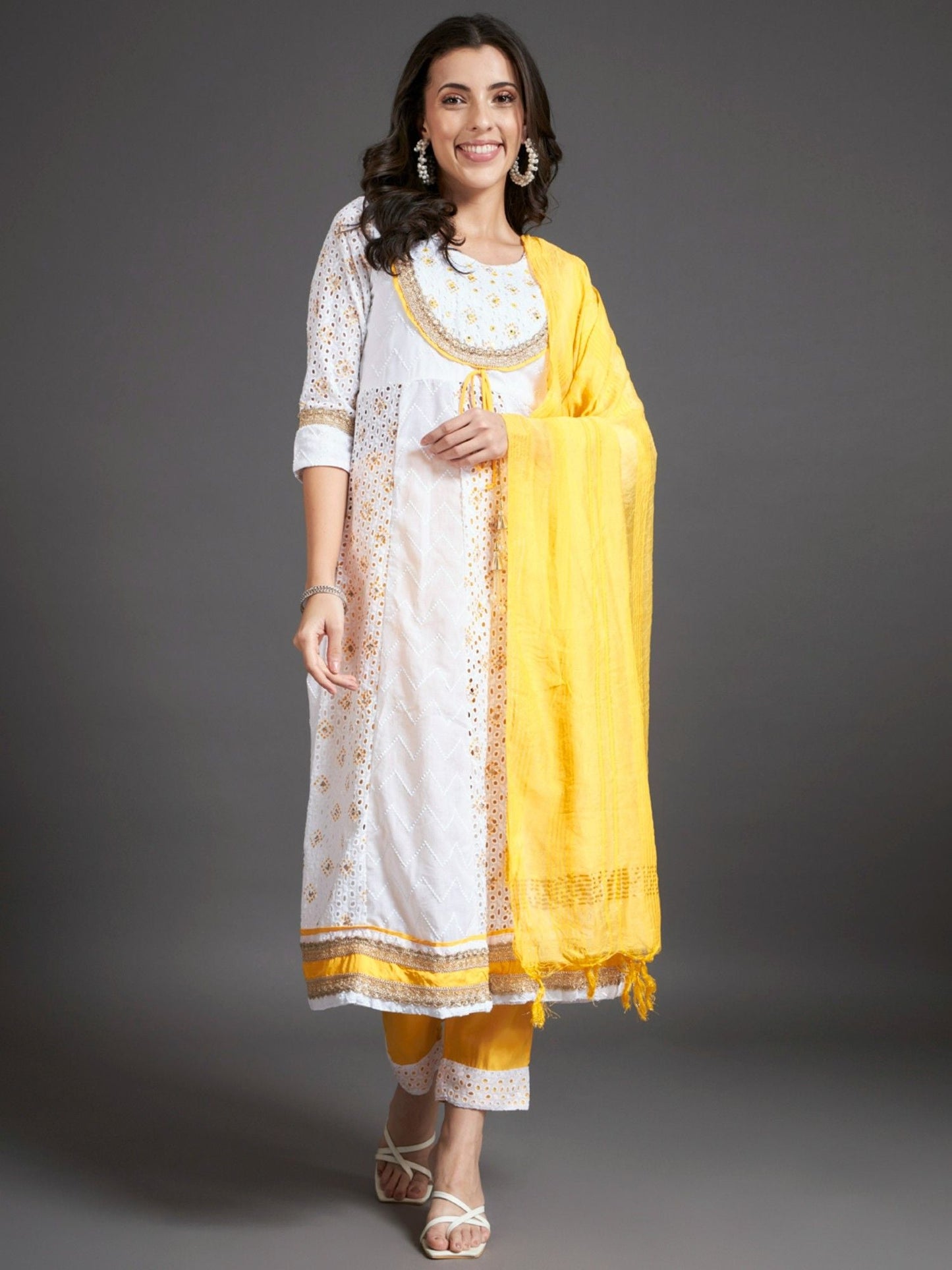 Heeposh Schiffli Embroidered Cotton Anarkali Kurta and Pants with Dupatta (Set of 3)