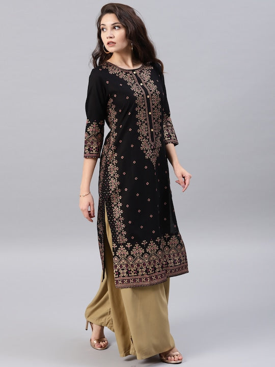 Vishudh Women Black & Golden Printed Straight Kurta
