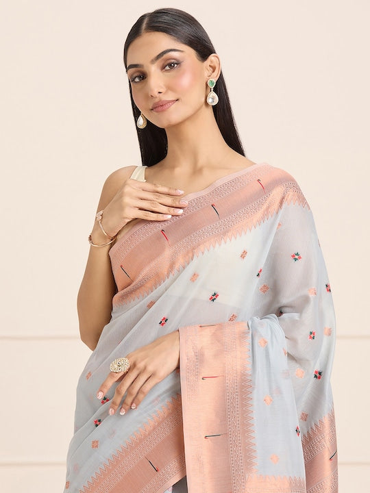 Sangria Grey Ethnic Motifs Embroidered Woven Design Saree
