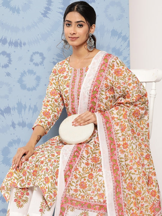 Yufta Floral Printed Regular Pure Cotton Kurta with Trousers & With Dupatta