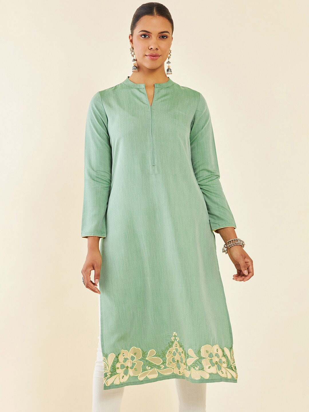 Soch Green Floral Embroidered Mandarin Neck Kurta