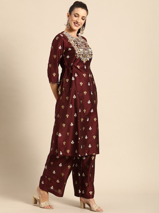 All about you Women Maroon Ethnic Motifs Printed Regular Kurta with Palazzos