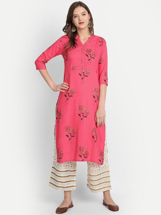 Anubhutee Women Pink & Off White Floral Printed Kurta with Palazzos - XL