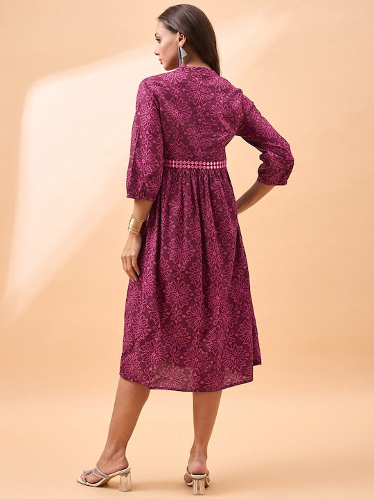 All about you Printed Mandarin Collar Mirror Work Fit & Flare Pure Cotton Midi Dress