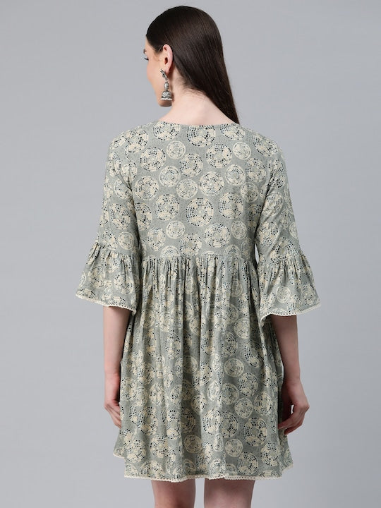 Readiprint Fashions Geometric Print Tie-Up Neck Bell Sleeves Embellished A-Line Dress