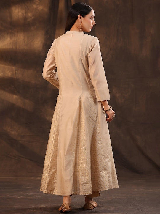 Juniper Women Beige & Golden Foil Print Layered Anarkali Kurta