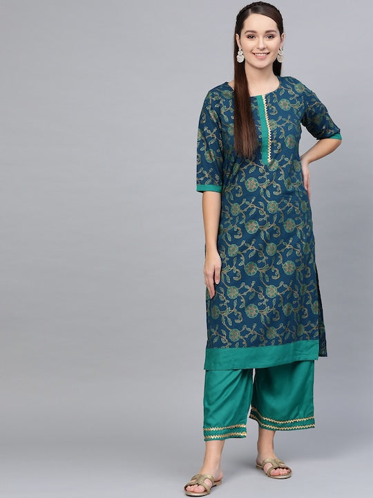 Myshka Women Green Printed Kurta with Palazzos -S