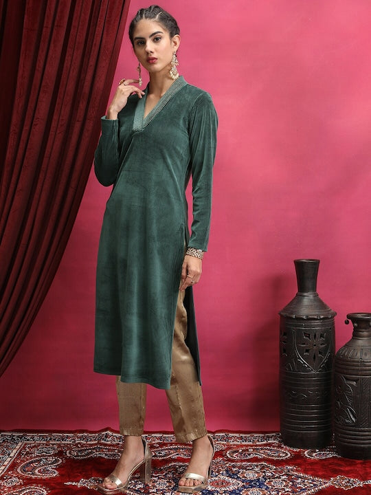 Vishudh Green Neck Band Straight Kurta