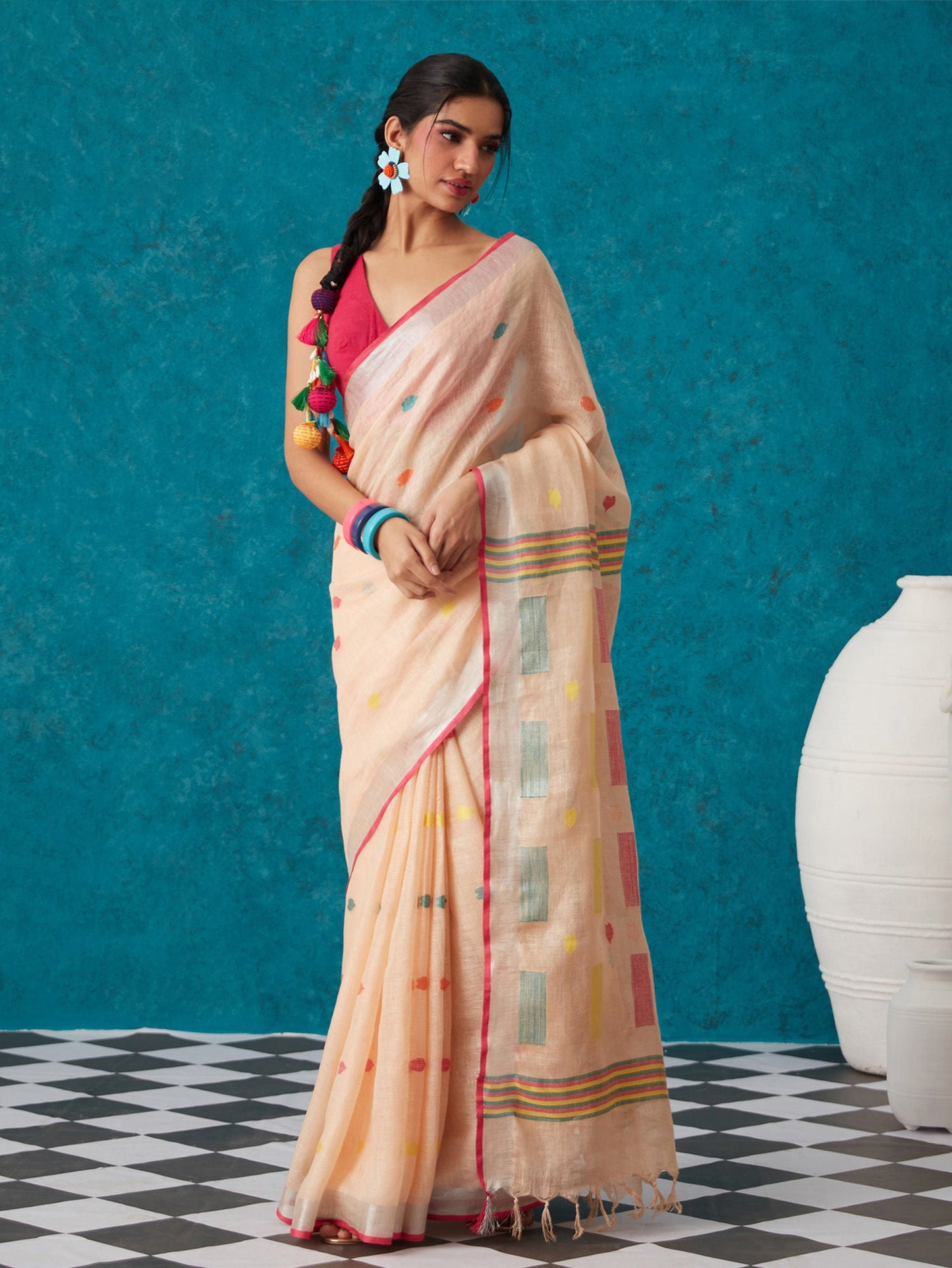 Likha Orange Linen Zari Blend Bhagalpuri Saree with Unstitched Blouse LIKSAR88 (Free Size)