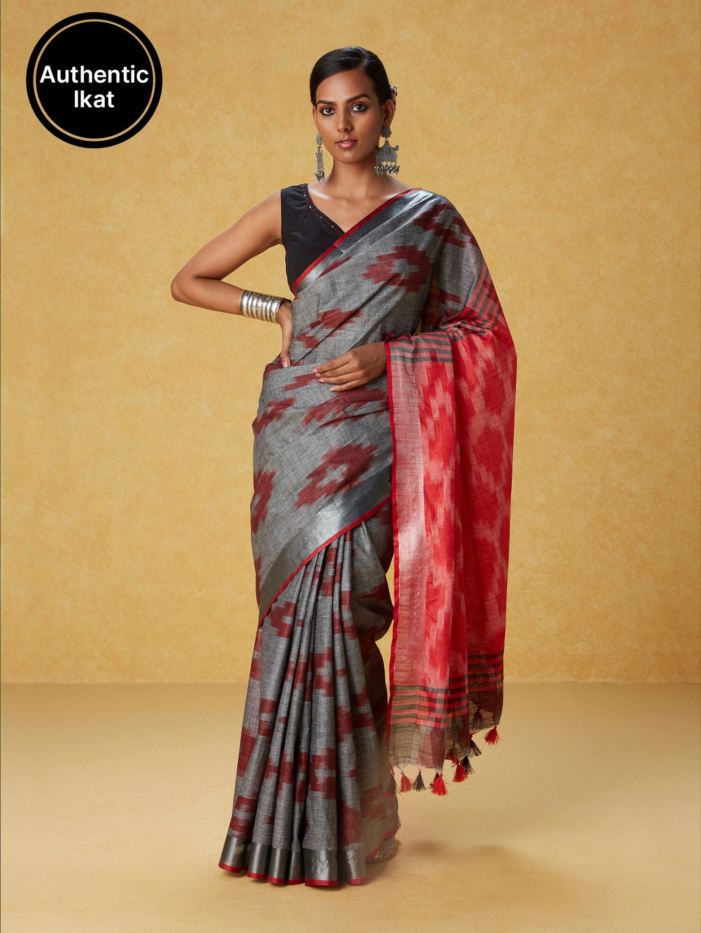 Likha Grey Cotton Ikat Saree with Unstitched Blouse LIKSAR93 (Free Size)