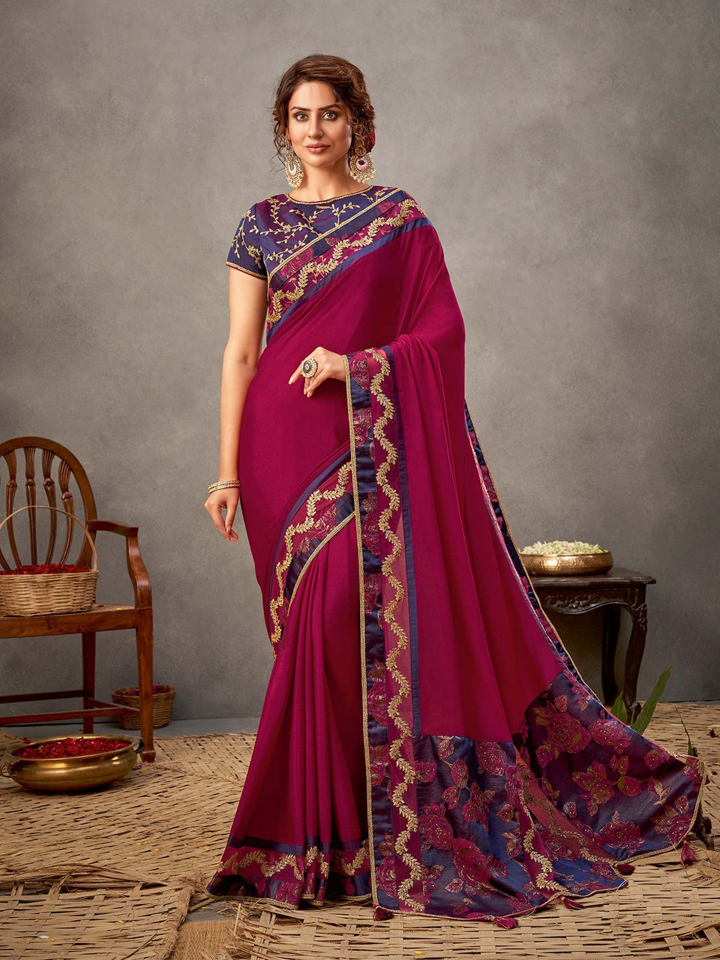 Odette Magenta Silk Georgette Saree with Unstitched Blouse