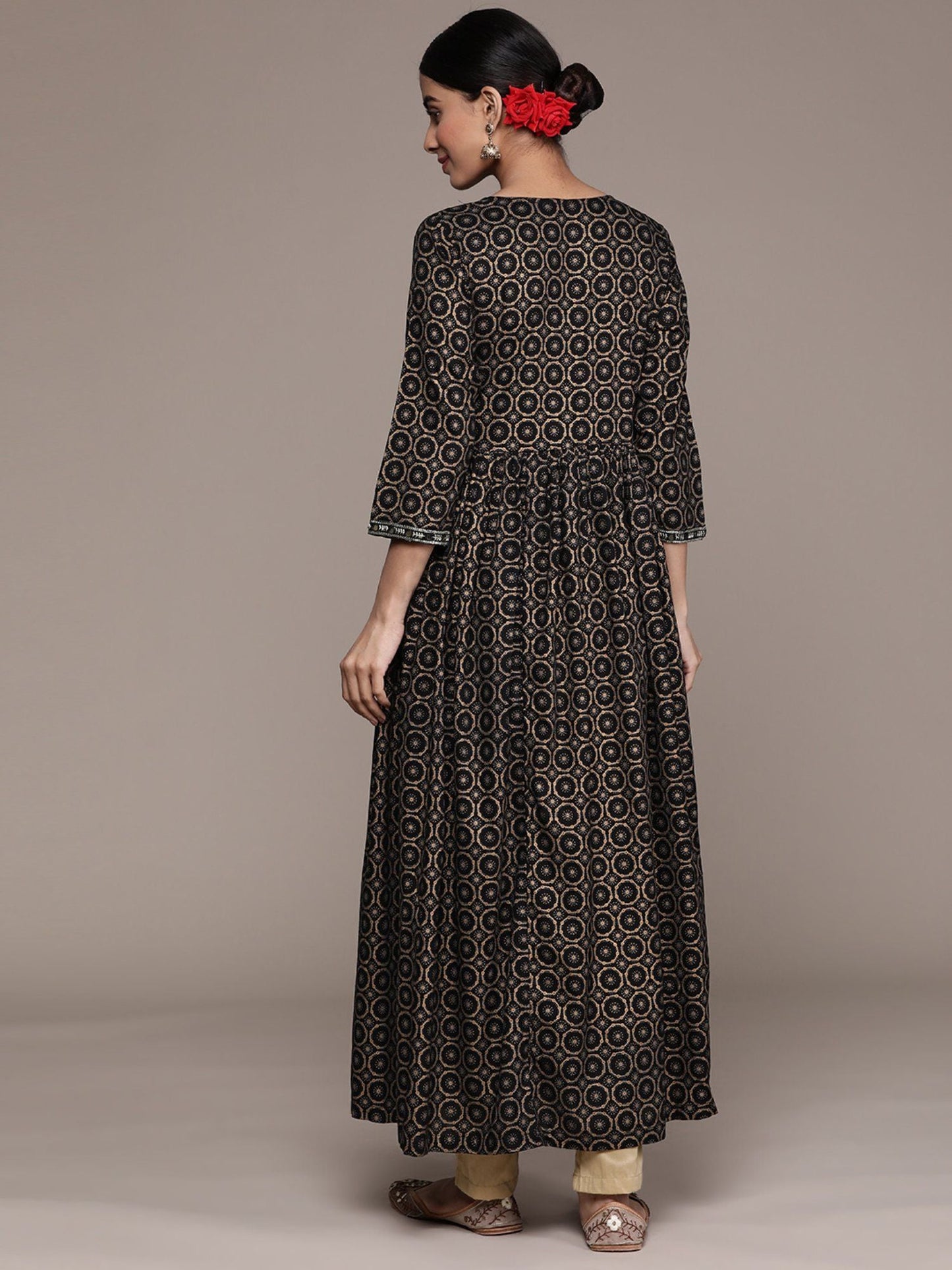 ISHIN Women's Black Foil Printed with Mirrorwork & Stones Rayon Anarkali Kurta