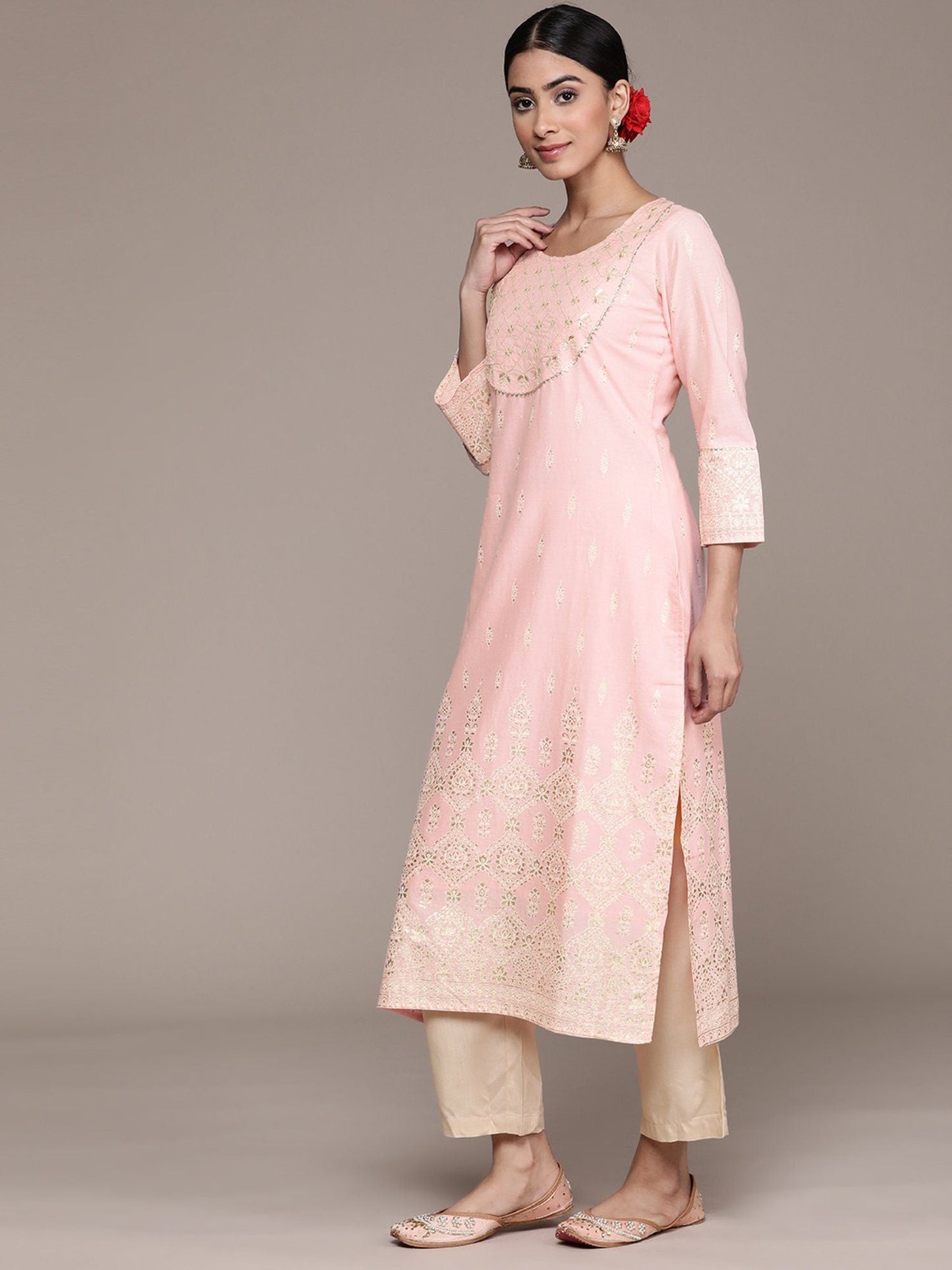 ISHIN Women's Pink Ethnic Motifs Printed Gotta Patti Pure Cotton Straight Kurta