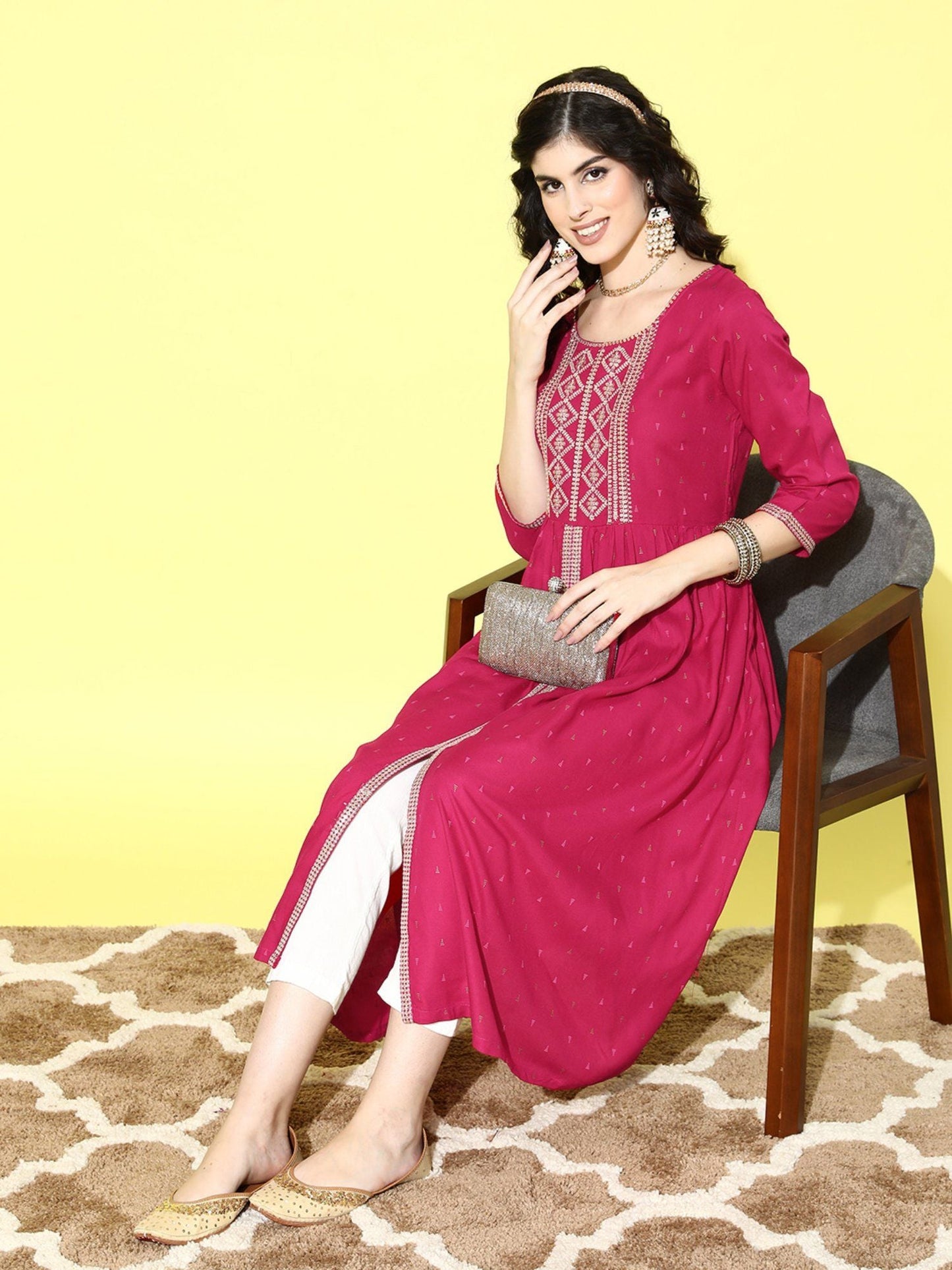 ISHIN Women's Pink Foil Printed Embellished Sequins Rayon Flared Kurta