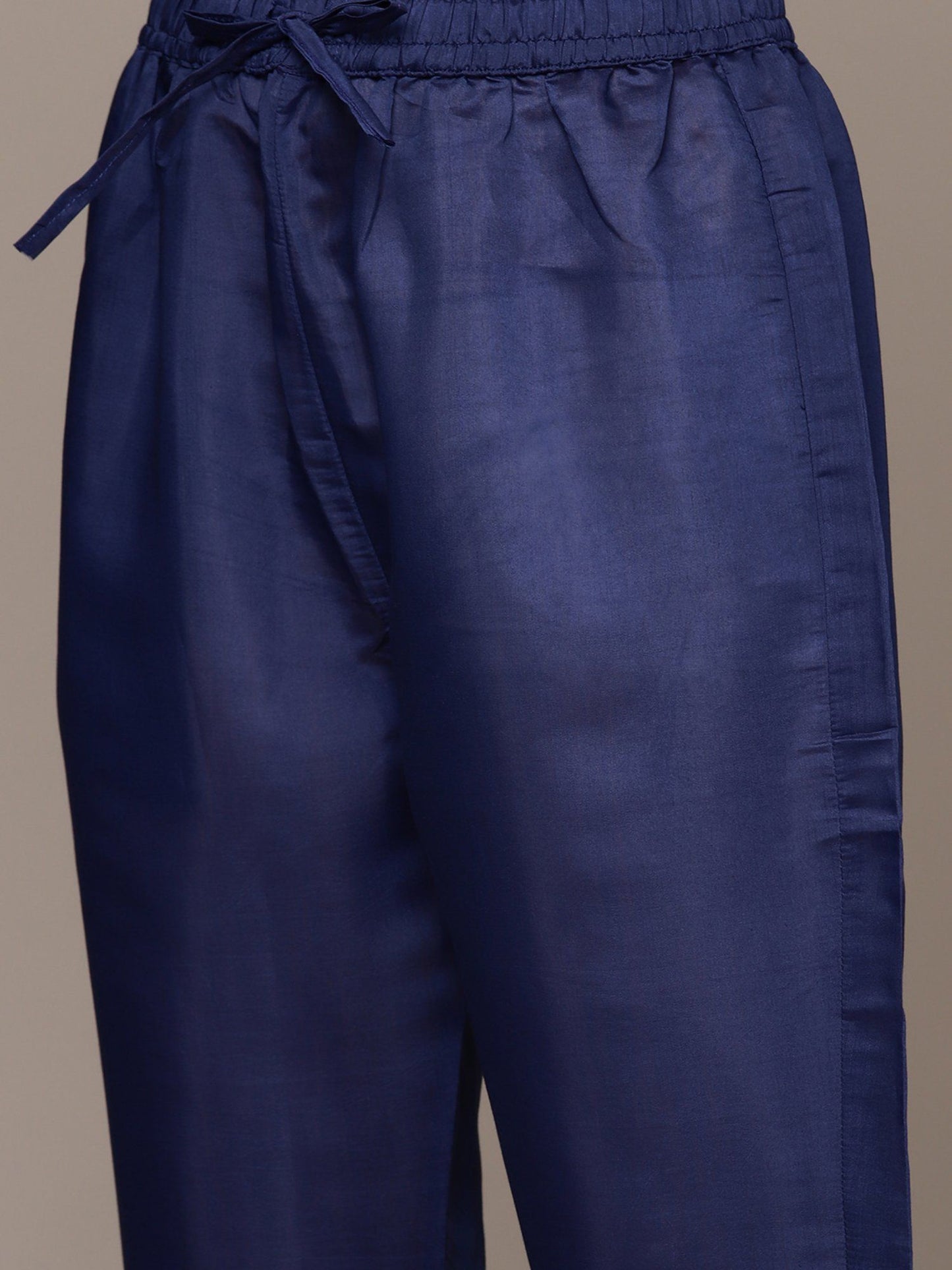 ISHIN Women's Silk Blend Printed Navy Blue Straight Kurta Suit with Trousers (Set of 2)