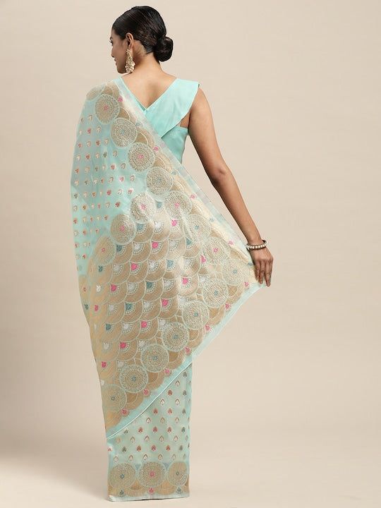Saree mall Turquoise Blue Ethnic Motifs Silk Blend Banarasi Saree