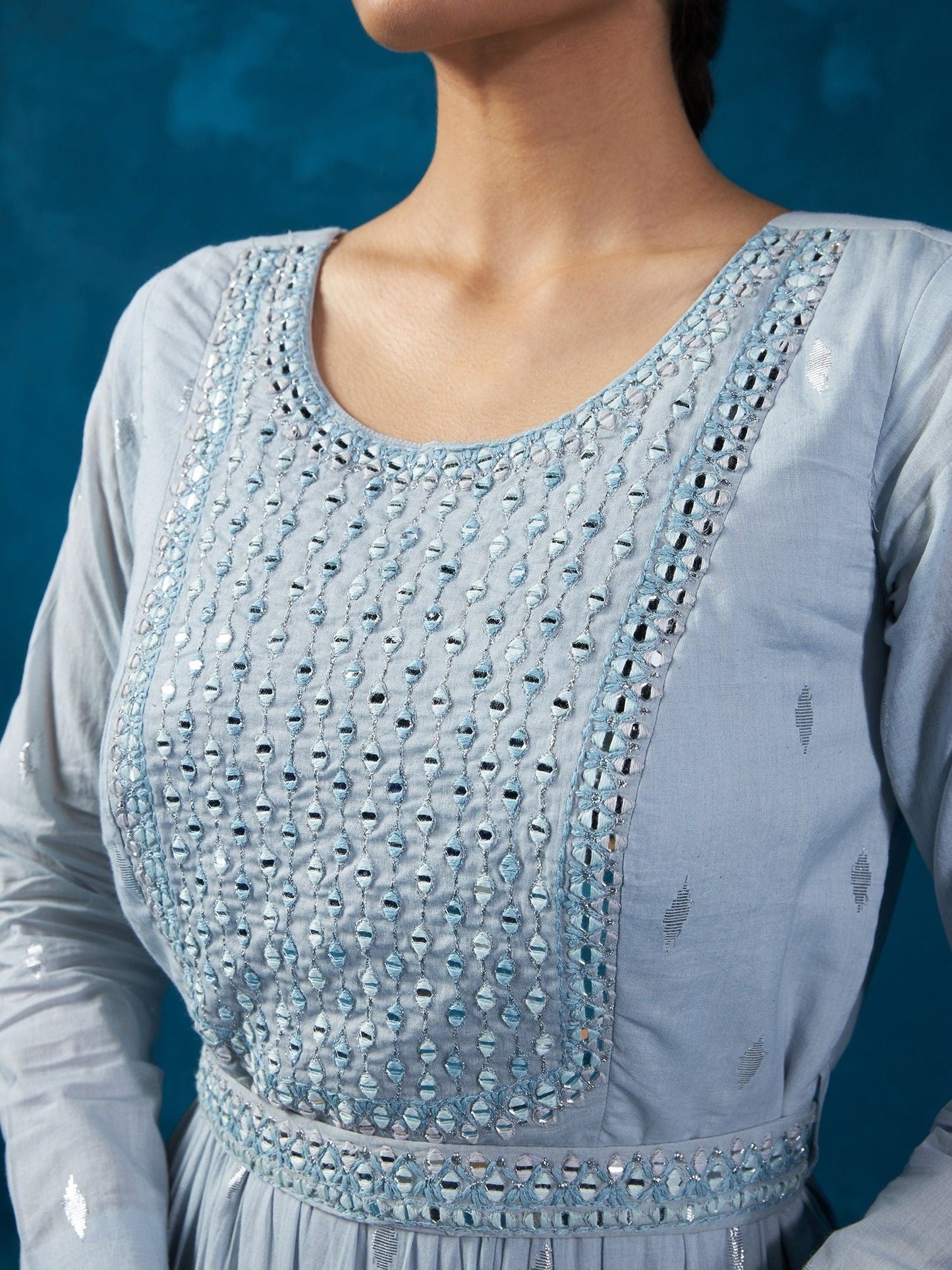 Likha Blue Hand Mirror Work Tiered Maxi Dress, Dupatta With Belt LIKSKD117 (Set of 3)