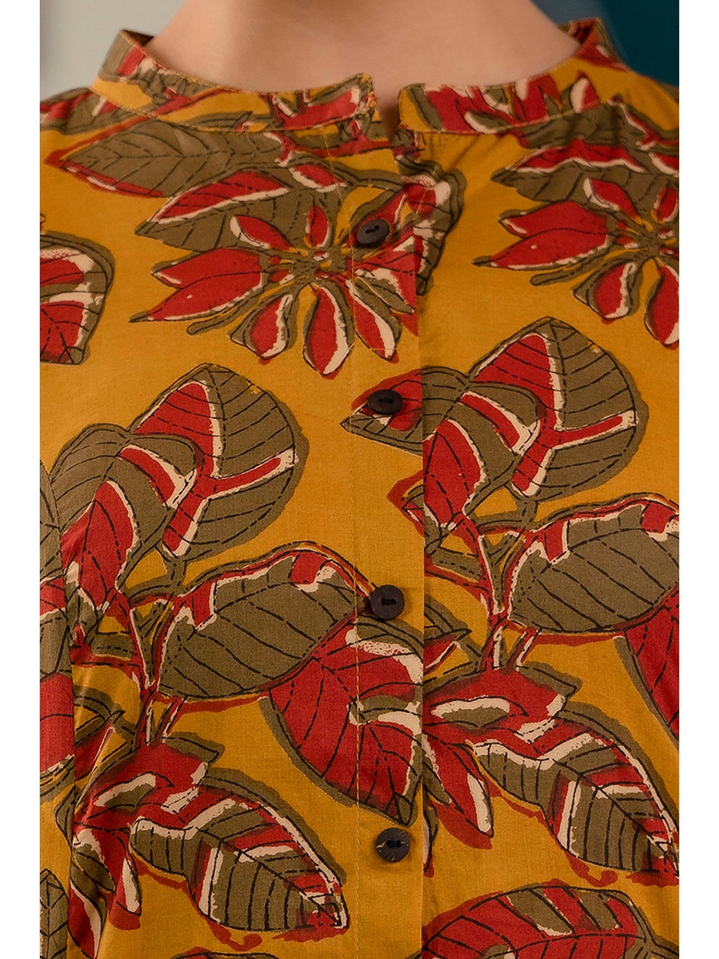 PIROH Womens Cotton Floral Print A-line Kurta Pant - Mustard (Set of 2)