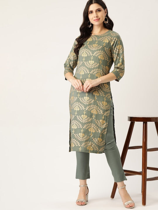 All about you Women Grey & Golden Ethnic Motifs Print Kurta with Trousers