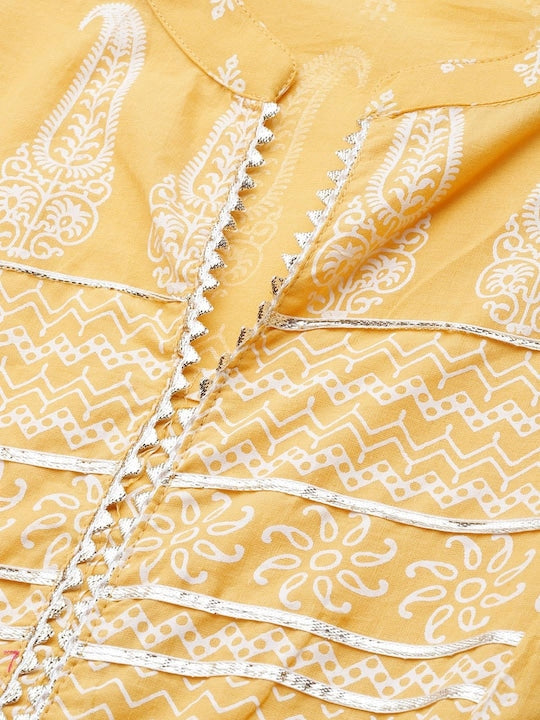 All about you Yellow Ethnic Motifs Printed Gotta Patti Detailed Cotton A-Line Kurta
