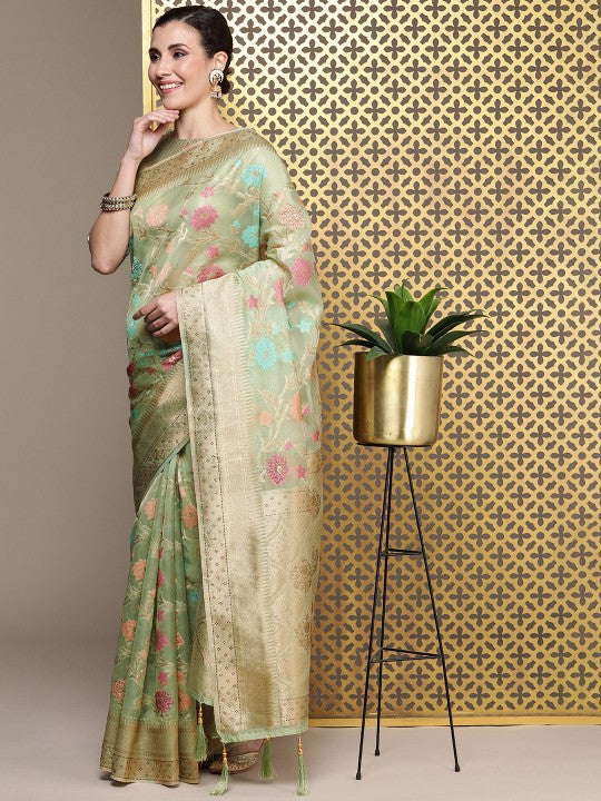 House of Pataudi Woven Design Floral Zari Organza Banarasi Saree