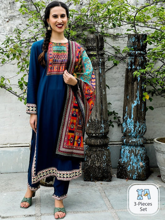 AKS Couture Ethnic Motifs Printed Straight Kurta with Trousers & Dupatta