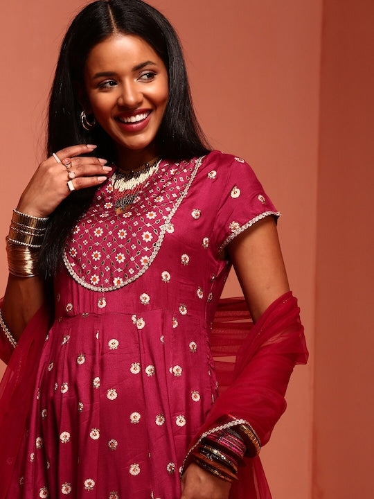 IMARA Ethnic Motifs Printed A-Line Ethnic Dress With Dupatta