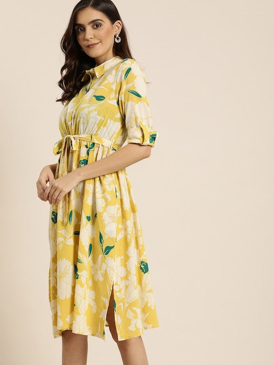 All about you Women Yellow & Off White Floral Printed Belted Shirt Dress