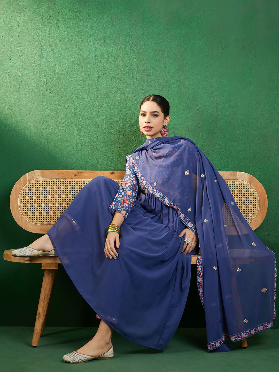 Sangria Blue Yoke Design Printed Georgette A-Line Empire Kurta With Trousers & Dupatta