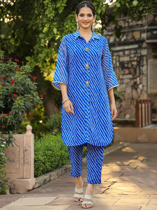 SCAKHI Laheriya Printed Shirt Collar Kurta With Trousers
